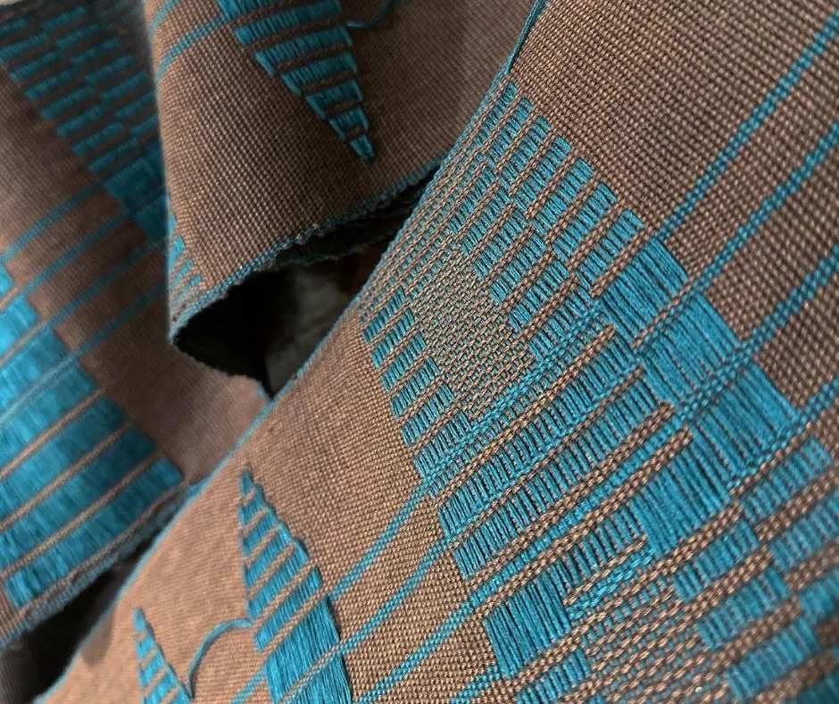 brown and teal Gorgeous Geometric Patterned authentic Aso Oke fabric by Woven Market Africa