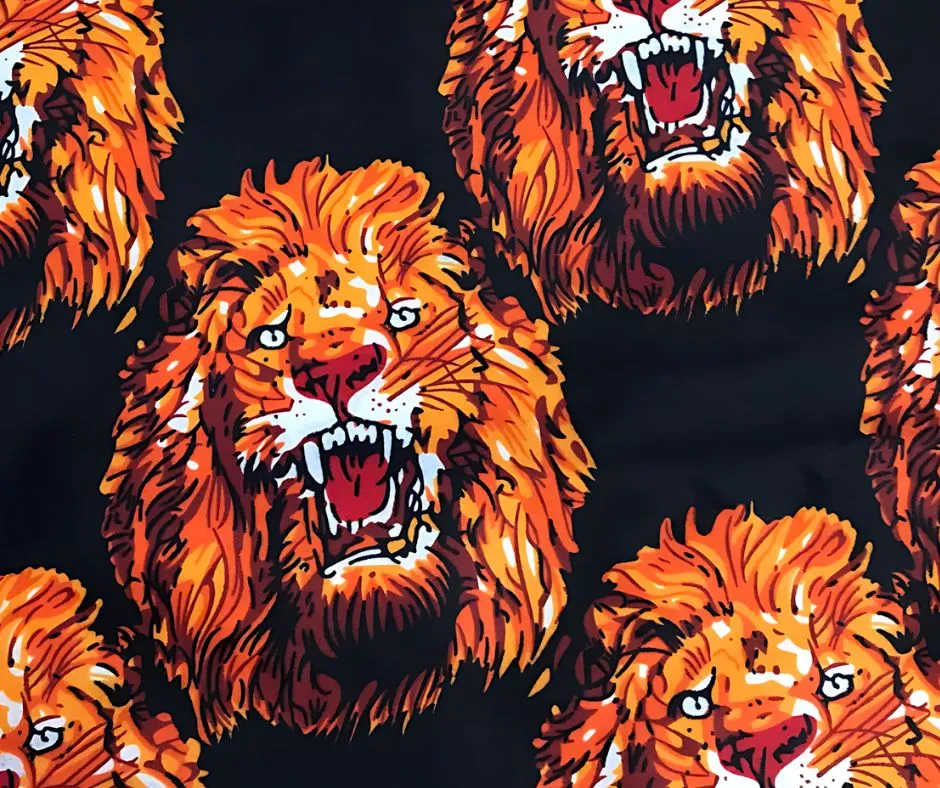 A picture of isi Agu fabric design (lion heads on a black background) to show comparison between it and Aso Oke